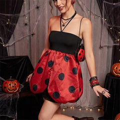 Ladybug Costume Halter Strapless Red Polka Dot Puff Mini Dress