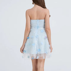 Sequins Strapless 3D Flowers Mini Dress