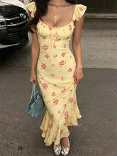Yellow Printed Short Sleeve Tied Up Front Midi Dress