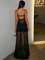 Black Sheer Halter Neck Patchwork Bodycon Long Dress
