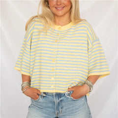 Striped Fuzzy Short Sleeve Round Neck Button Cropped Top