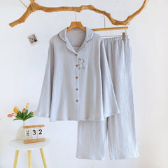 Embroidery Cotton Long-sleeved Shirt And Pants Two Piece Loungewear Set