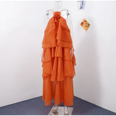 Flower Ruffles Halter Long Dress