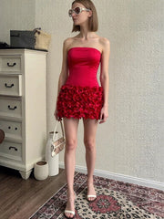 Red Satin Corset Top And 3d Flower Mini Skirt Set