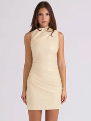 PU Leather Ruched High Neck Mini Dress
