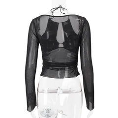 Black Sheer Mesh Patchwork Long Sleeve Top