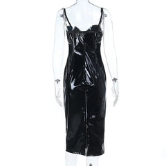 PU Leather Spaghetti Strap Midi Dress