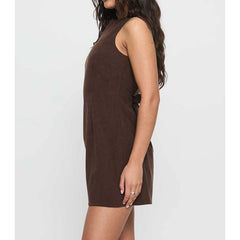 Brown Boat Neck Sleeveless with Bow Tied Belted Back Mini Dress