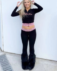 Black Lace Patchwork Zipper Sweatshirt And Track Pants Set