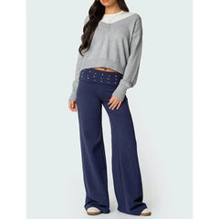 Studded Folded Low-Waist Boot Cut Pants