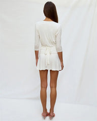 Solid 3/4 Sleeve Waist Tie V-Neck Wrap Mini Dress