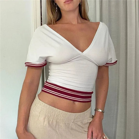 White Striped Trim V-Neck Short Sleeve Fitted Waist Crop Top