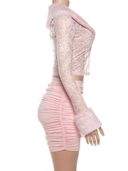 Furry Jacquard Patchwork Hook Buckle Crop Top And Mini Skirt Set