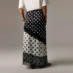 High Waist Satin Dot Print Lace Trim Patchwork Maxi Skirt
