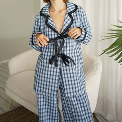 Gingham Bow Tie Long Sleeve Shirt And Pants Pajama Sets