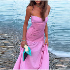 Stripe Patchwork Halter Top And Long Skirt Set