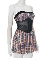 Plaid Mesh Patchwork Strapless Mini Dress