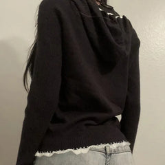 Black Lace Patchwork Hooded Sweatshirt