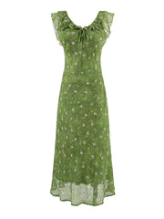 Green Floral Print Bow-Tied Long Dress