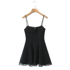 Black Embroidery Spaghetti Strap Keyhole Flared Mini Dress