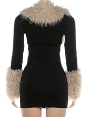 Black Long Sleeve Faux Fur Trim Mini Bodycon Dress