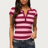 Pink Striped Half Button Short Sleeve T‑Shirt