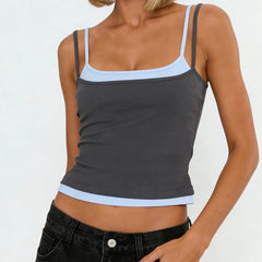 Colour Block Square Neck Spaghetti Strap Crop Top