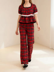 Plaid Short Sleeve Square Neck Top with Elastic Waist Wide Leg Pants Set