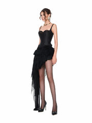 Fishbone Lace-Up Top And Mesh Asymmetrical Skirt Two-Piece Set