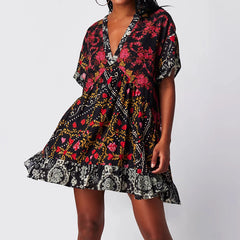 Floral Print Short Sleeve V-Neck Ruffled Hem Loose Mini Dress with Pockets