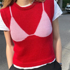 Ribbed 3D Bra Pattern Crew Neck Sleeveless Sweater