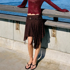 Brown Lace Bead String Belt Irregular Hem Skirt