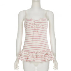 Pink Striped Ruffled Hem Tank Top