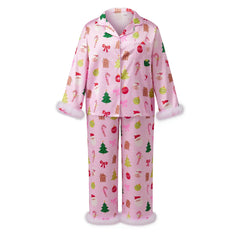 Christmas Tree Printed Button Down Top with Pants Pj Set