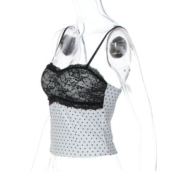 White Lace Patchwork Polka Dot Tank Top