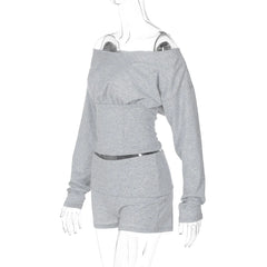 Grey Off Shoulder Puff Crop Top and Shorts Set