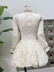 White V-Neck Lace Long Sleeve Flare Mini Dress