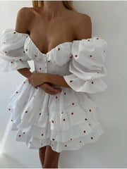 White Strawberry Print Puff Sleeve Frill Mini Dress