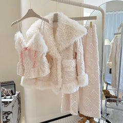 White Fur Plush 3 Piece Pajama Set