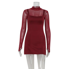 Red Mesh Patchwork Long Sleeve Turtleneck Short Dress