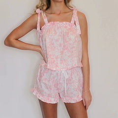 Floral Print Tie Shoulder Babydoll Tank Top And Ruffles Shorts Lounge Set