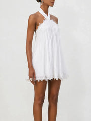 White Halter Strap A-line Mesh Mini Dress