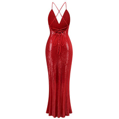 Red Sequin V-neck Strappy Maxi Dress