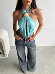 Blue Halter Shell Cowl Crop Top