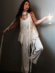 White Lace Printed Strap Long Top