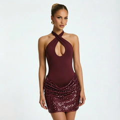 Sequin Patchwork Halter Tank Mini Bodycon Dress