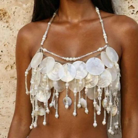 Shell Beaded Sequin Pearls Strap Open Back Bralette