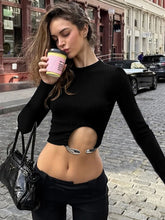 Black Metal Ring Irregular Hem Full Sleeve Top