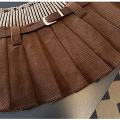 Patchwork Corduroy Pleated Mini Skirt with Belt