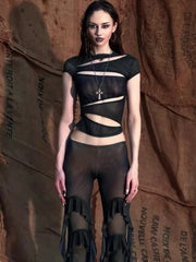 Black Mesh Slits Top